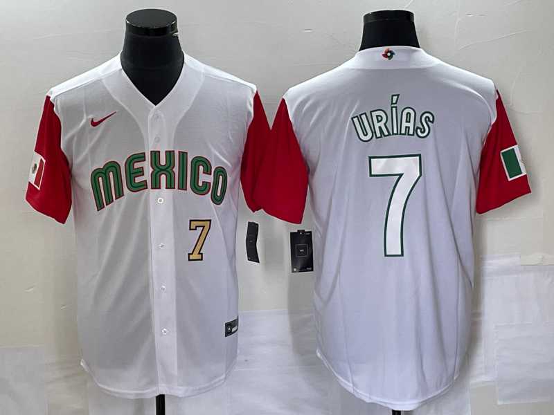 Men's Mexico Baseball #7 Julio Urias Number 2023 White Red World Classic Stitched Jersey 34